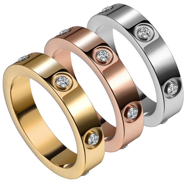 "Trendy European-American Titanium Steel Couple Ring with Diamond Accents"