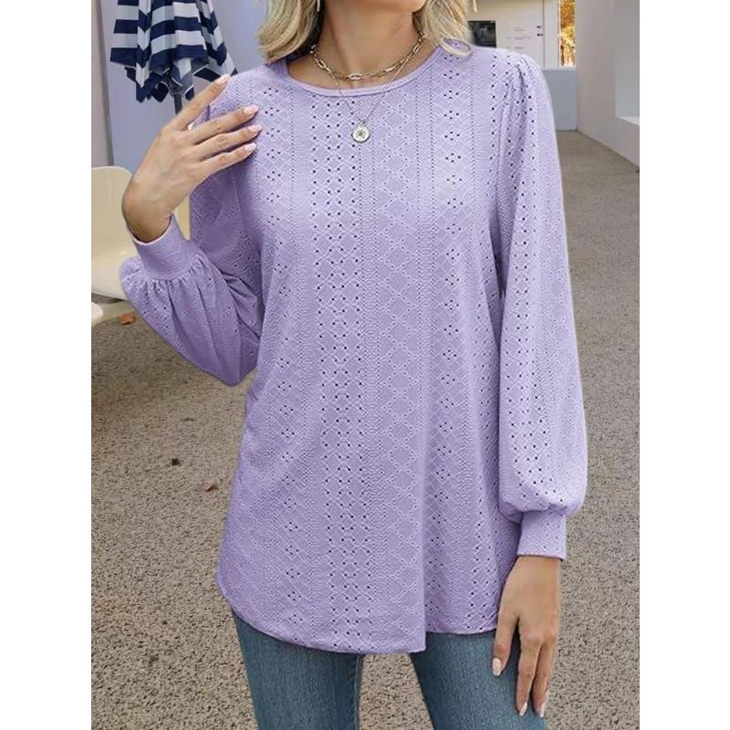 women's Hollow Out Textured Puff Long Sleeve Crew Neck T-Shirt Casual Loose Fit Blouse Top