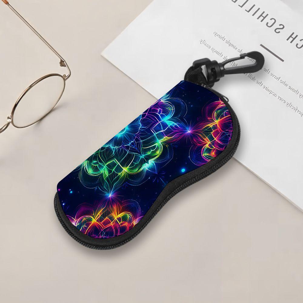 2D-Neon Glowing Mandala Print Protective Eyewear Holder, Stylish Sunglasses Case, Portable Zipper Pouch for Travel, Durable Zipper Eyeglass Organizer
