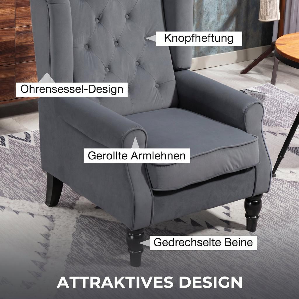 Ohrensessel Sessel, Vintage Design, Knopfheftung, Gedrehte Beine, 74 cm x 86 cm x 102 cm, Grau