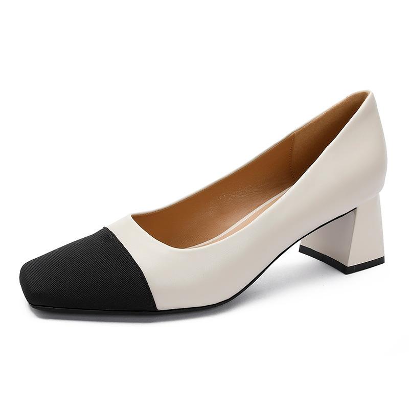 thick heel high heels women's new color matching women's shoes square head work shoes are not tired feet small fragrant style medium heel single shoes