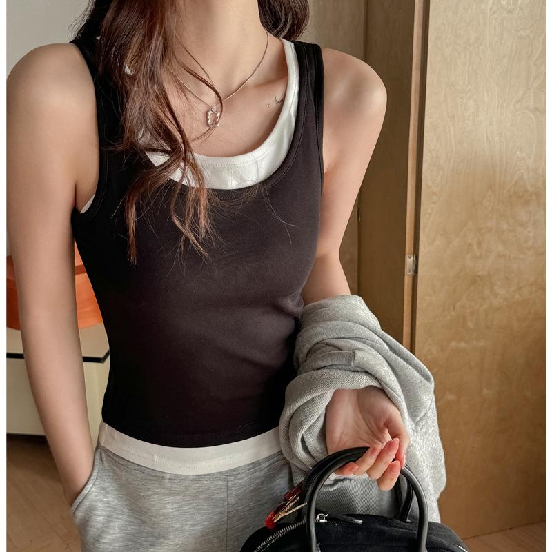 American-style fake two-piece camisole for women, summer outerwear and inner layering, sweet spicy girl slim-fitting sleeveless top