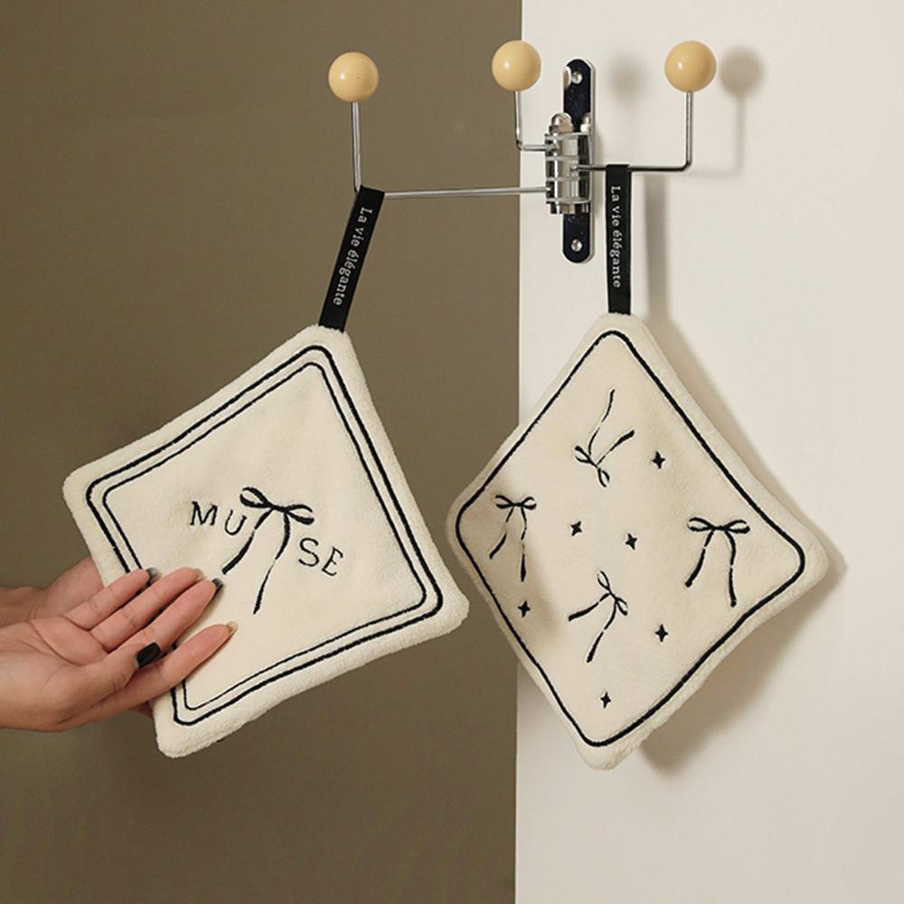 Cute Coral Velvet Bow Tie Embroidery Hanging Hand Towel for Bathroom No-shedding Double-layer Absorbent Quick-dry Kitchen Towel