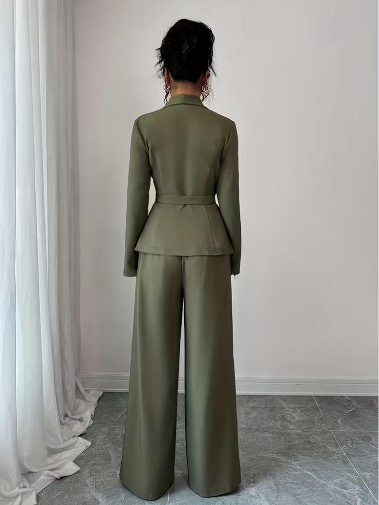 Women's European & American Spring/Autumn Fashion V-Neck Long Suit with Wide-Leg Pants Set