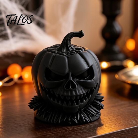 Creative Plastic Figurine Gift 3D Printed Evil Pumpkin Head with Ruffled Collar, Gothic Dark Atmosphere Home Accents Jack O Lantern Statue for