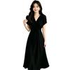Korean chic summer temperament elegant cross V-neck lace-up waist thin bubble sleeves medium long dress women