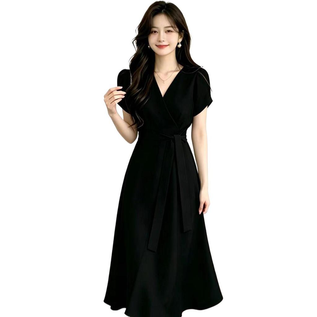 Korean chic summer temperament elegant cross V-neck lace-up waist thin bubble sleeves medium long dress women