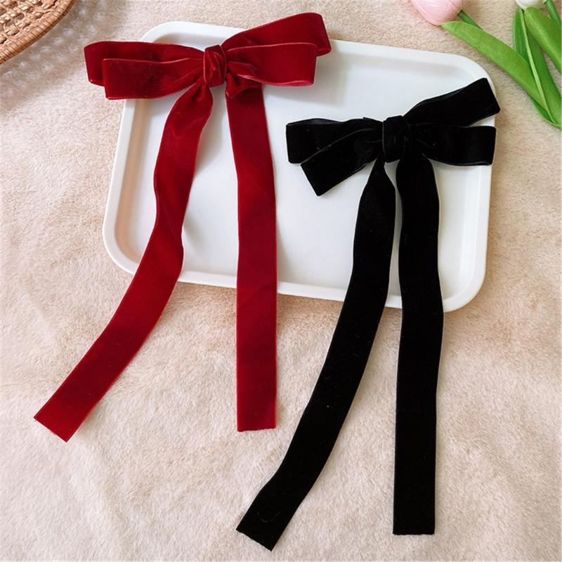 Long Ribbon Bowknot Velveted Hair Clip for Women and Girl Large Barrettes Ponytail Holder for Various Hair Styling Clip