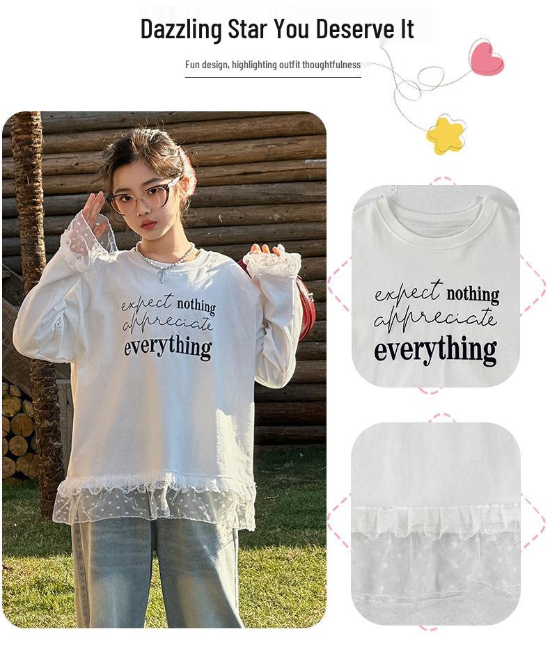 Plus Size Girls' White Lace Long Sleeve T-shirt for Spring & Autumn