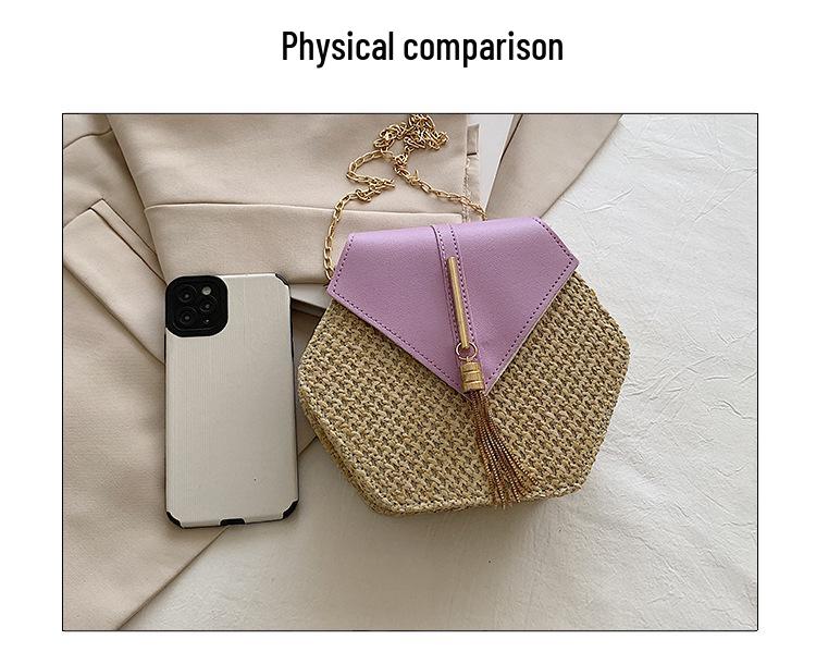 Korean Style Trendy Woven Hexagonal Women's Straw Crossbody Bag with Tassel Chain