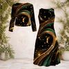 Women Plus Size 2 Piece Printed Dress Set Round Neck Long Sleeve Cardigan Sleeveless Black Blue Dress