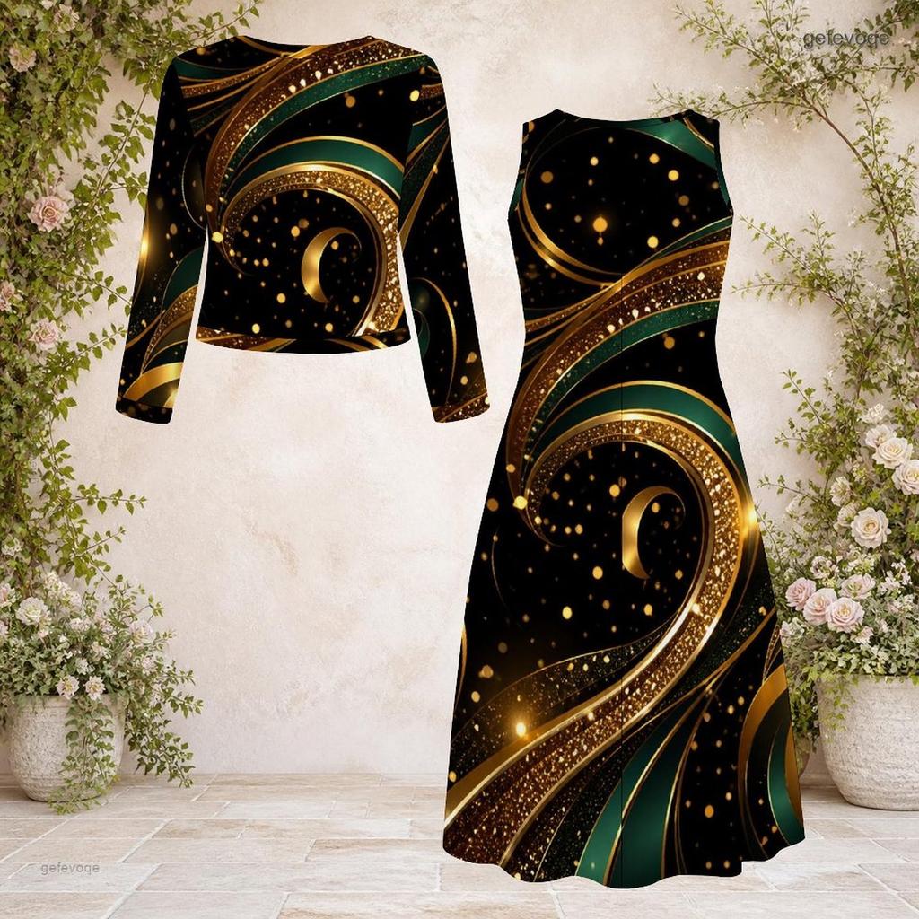 Women Plus Size 2 Piece Printed Dress Set Round Neck Long Sleeve Cardigan Sleeveless Black Blue Dress