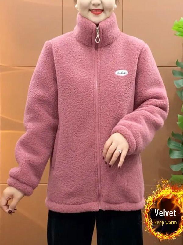 Autumn/Winter Fleece-Lined Outerwear for Middle-Aged Women: Warm, Thick, Loose Cotton Top