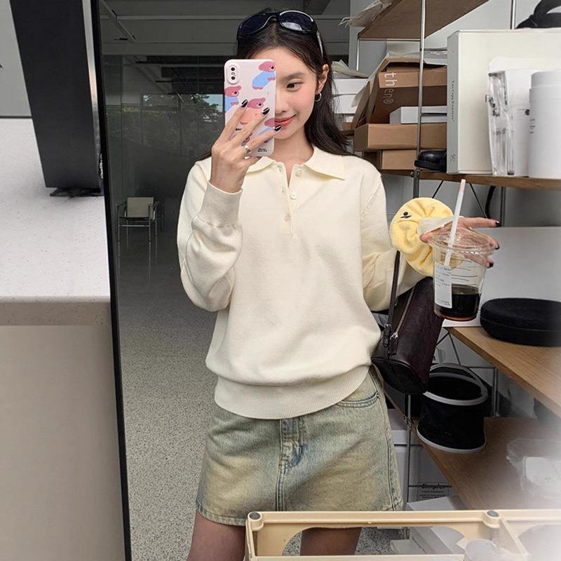 College style gray Plo neck sweater women's season new design sense loose wear knitted sweater top