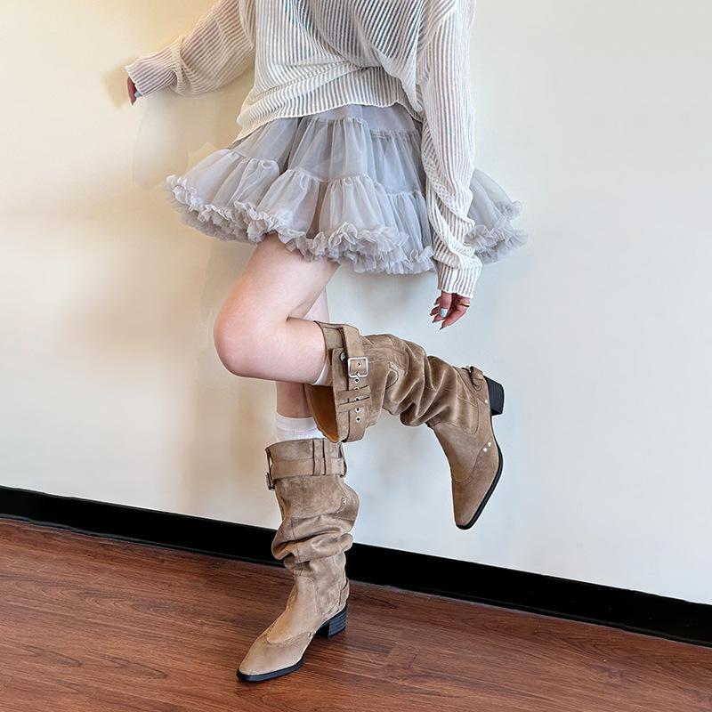 Khaki boots women's summer with skirt thin suede boots Xinjiang trouser stacking boots