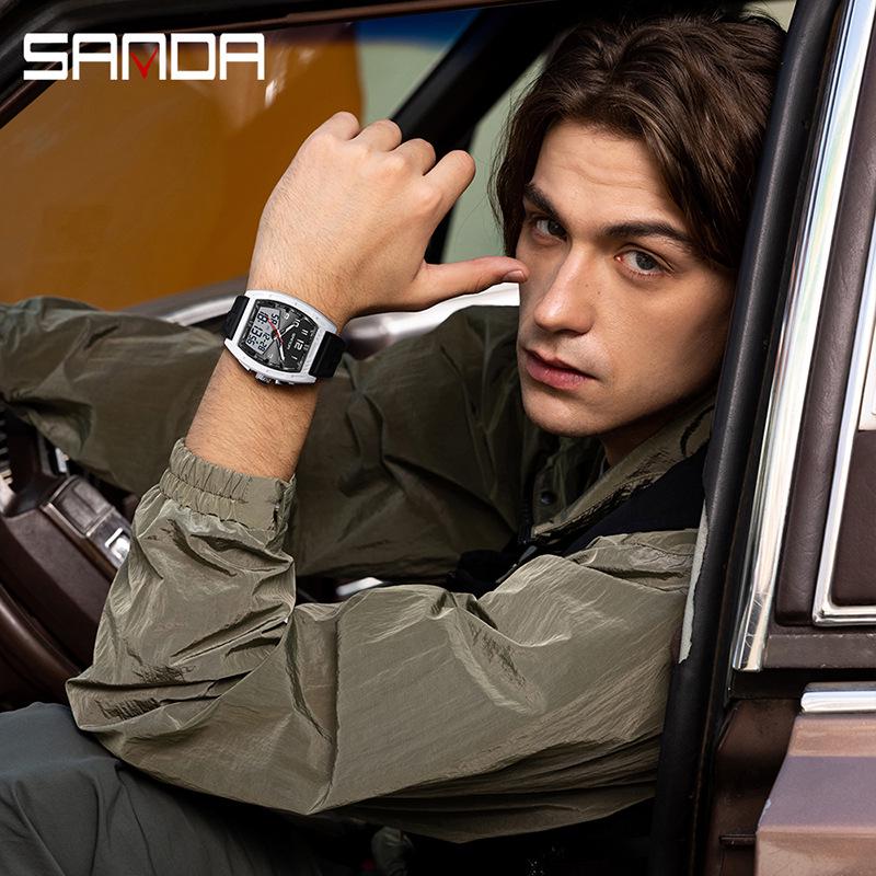 SANDA Men's Waterproof Luminous Sports Watch - Countdown & Multifunctional Barrel-Shaped Electronic Watch with Large Dial