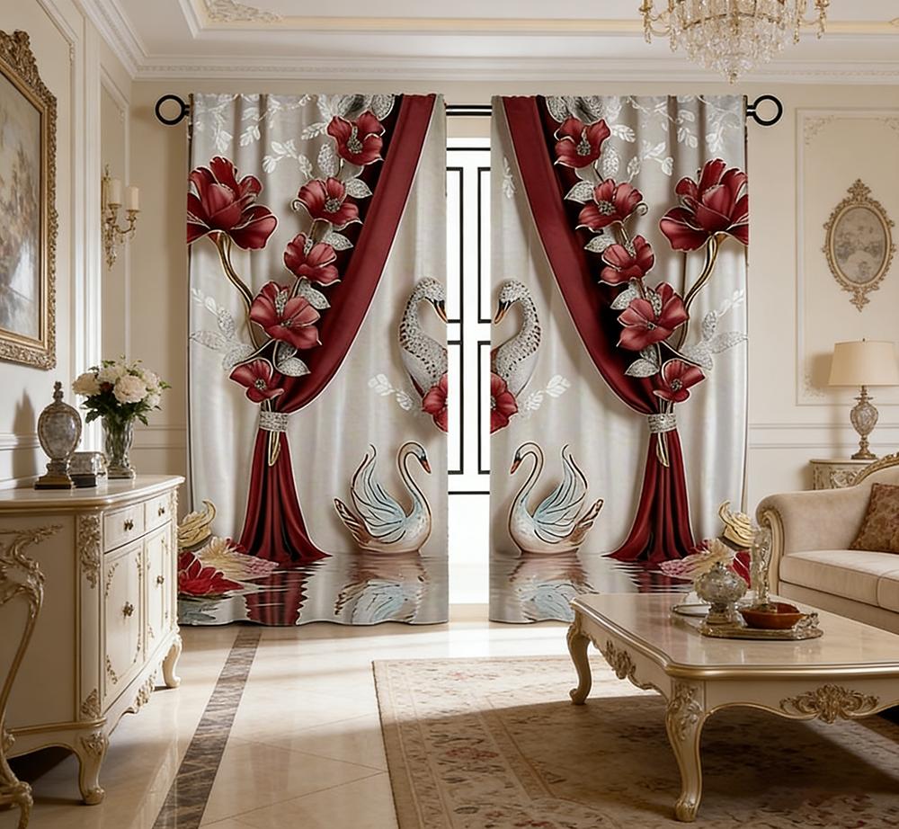 2PCS Digital Printed Curtains with Rose Swan Design, Stylish Window Drapes for Living Room Bedroom Home Decoration and Kitchen