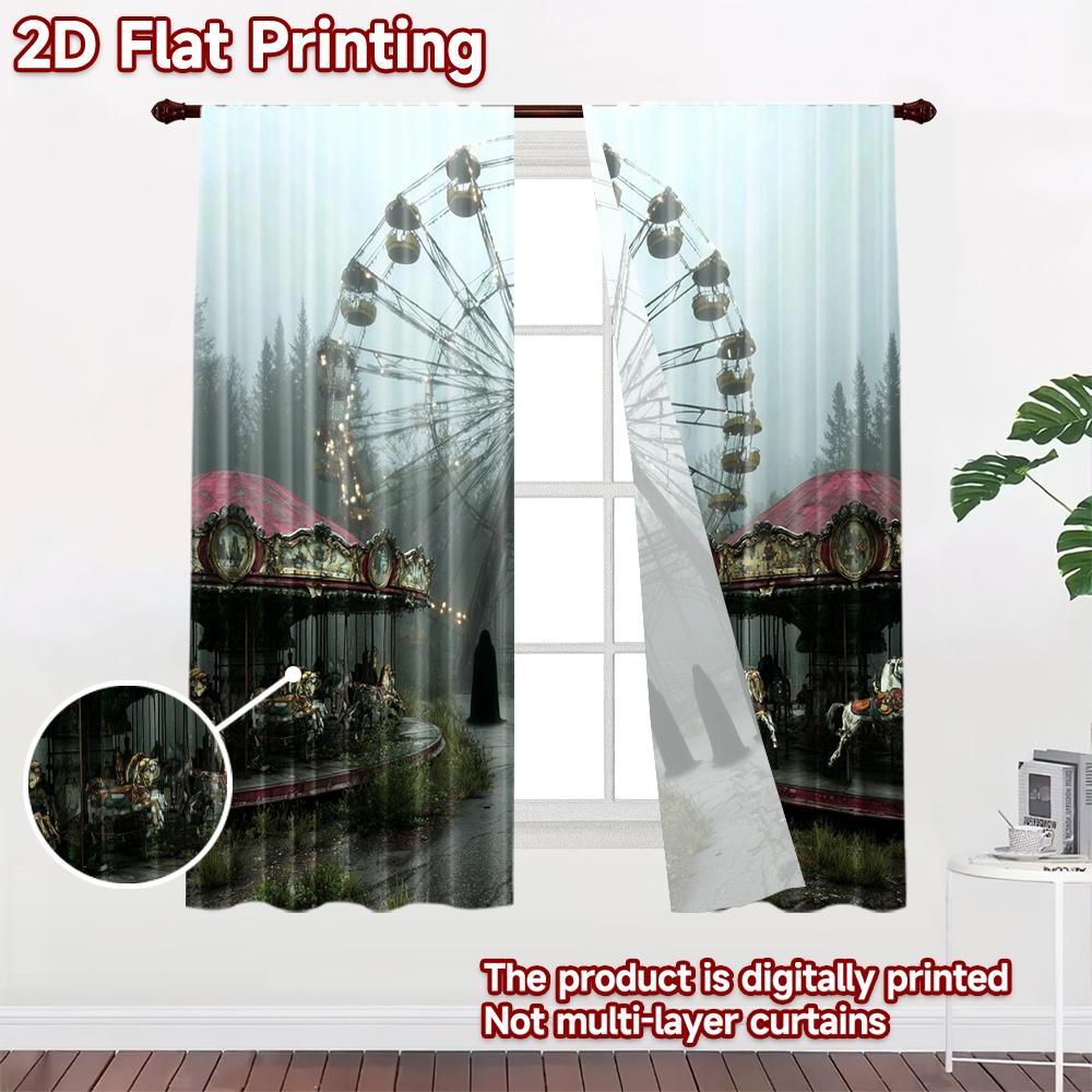 2D Flat Printing 2pcs Curtain Creepy Abandoned Carnival Ferris Wheel Digital Printed Polyester Drapes Family Party Use for