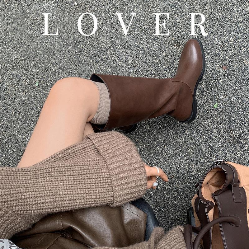 Annual payment~ 2025 winter full leather British style but knee knight boots European and American temperament loose low-heeled boots