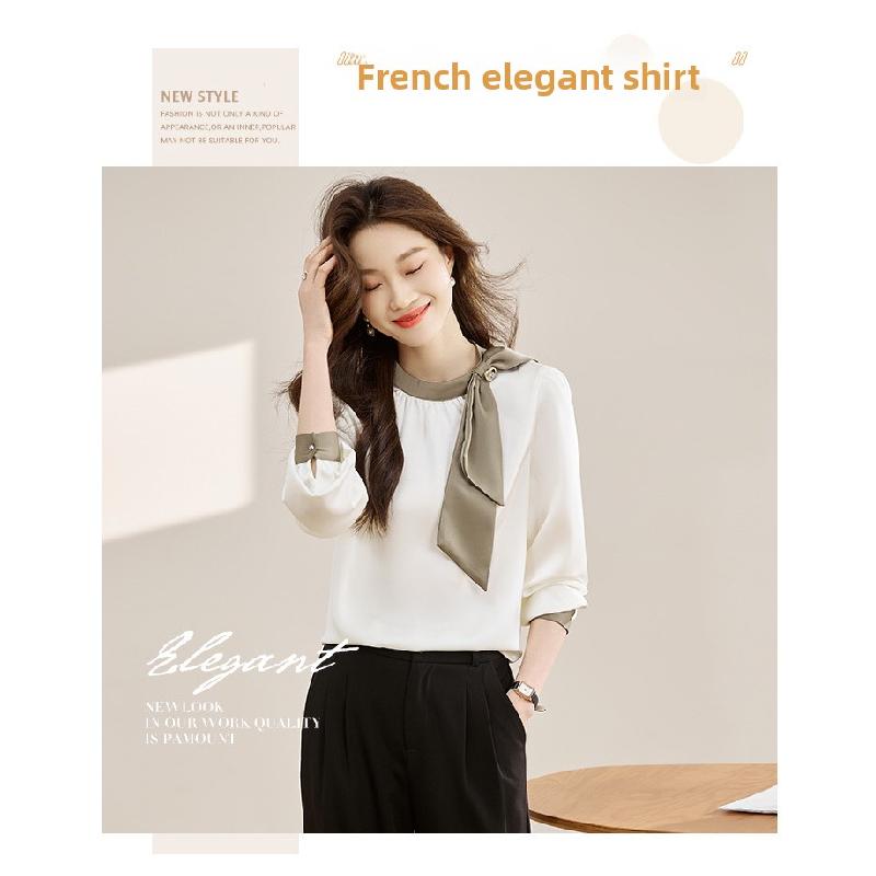 Gentle Collar Bow Tie Shirt for Women, 2026 Spring and Autumn New Style, Color Block Ribbon Design Satin Top