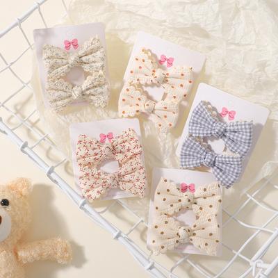 2 Stück/Set Niedliche Baumwolle Kinder Schleifen Haarspangen für Babymädchen Karomuster Blumenmuster Sommer Schleife Haarspangen Haarspange Haarschmuck
