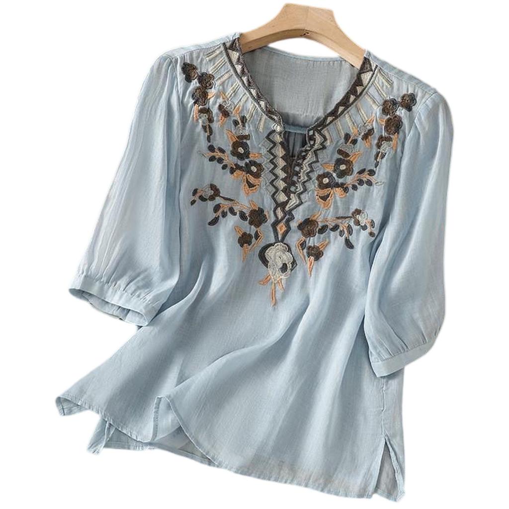 Women's Vintage Inspired Relaxed Fit Embroidered Cotton Linen Blend V-Neck Blouse With Mid Length Sleeves