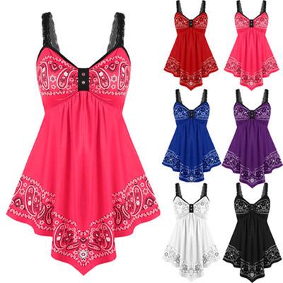Artı Boyutu Moda kadın A-line Etek Düzensiz Hem Dantel Sling Elbise Baskılı Kolsuz Tunik Elbise