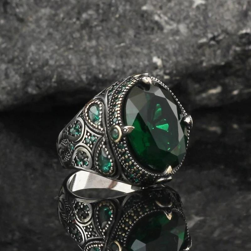 

1 шт. Набор Мужское кольцо из синтетического циркона, Ретро кольцо, Модное и индивидуальное кольцо 13 зелёный