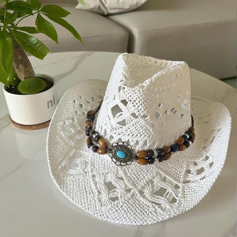 1Pc Summer Bohemian Shell Straw Hat Beach Women Men Cowboy Hats Wooden Beads Hollow Out Western Wide Brim Sun Hat Holiday Cap
