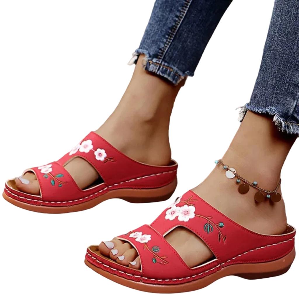 Women Embroidery Slide Sandals Vintage Embroidery Design PU Leather Slipper Gift for Christmas Birthday New Year
