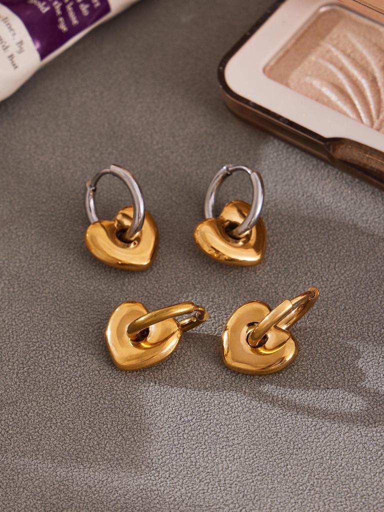 Qiong Yao 18K Gold Plated Stainless Steel Peach Heart Pendant Necklace & Earring Set - Smooth Surface & Elegant Design