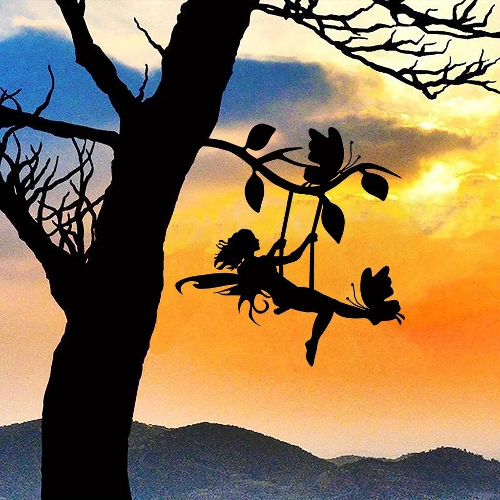 Swing Elf On Branch Steel Silhouette 1pc Metal Wall Art Home Garden Yard Patio Statue Stake Decoration or Garden Party Decor