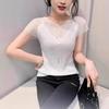 Summer Short-sleeved Patchwork Knitted Perm Women's Casual Top for Inner Wear and Outer Wear