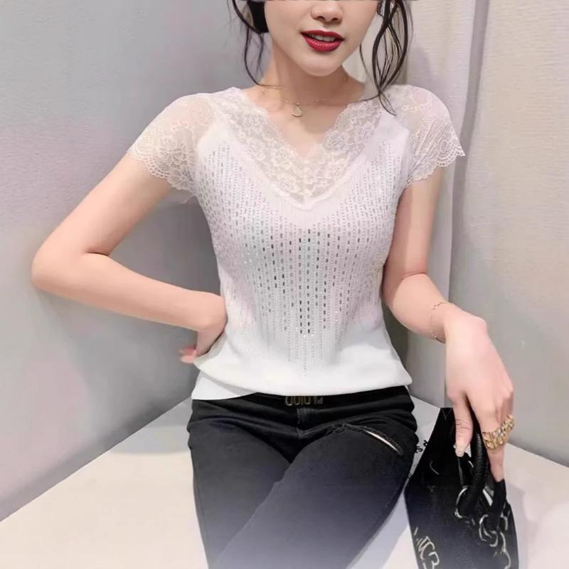 Summer short-sleeved patchwork knitted perm women's casual top for inner wear and outer wear