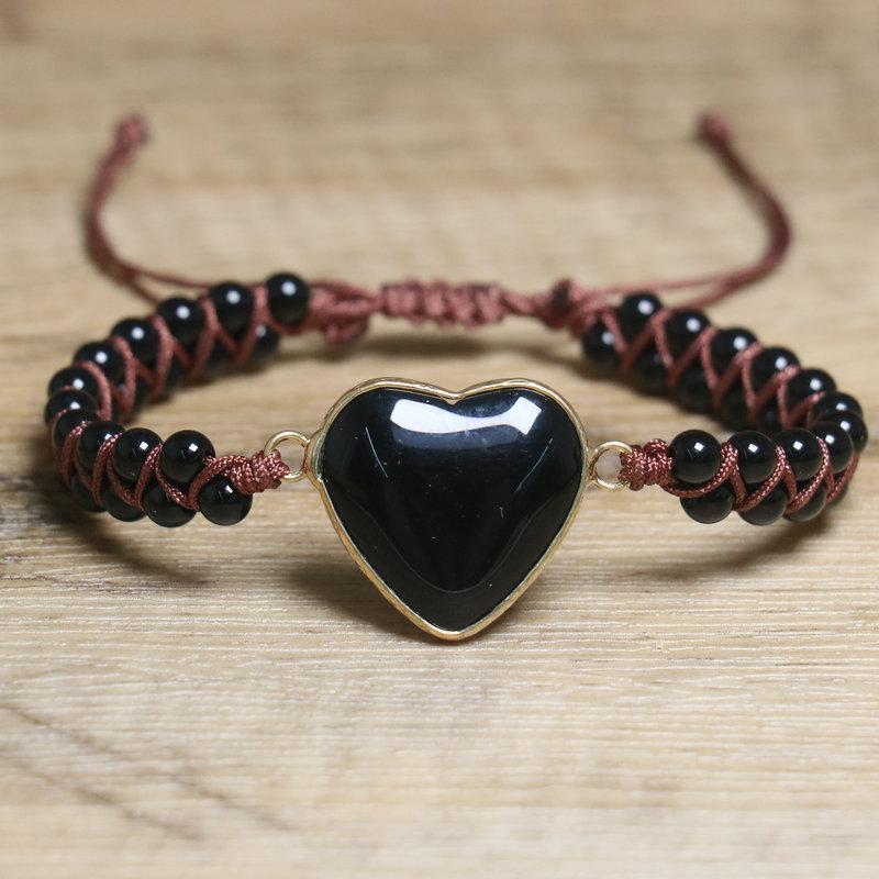 Purple Stripe Agate Heart & Amethyst Beaded Bracelet – Gold Accent Adjustable Boho Jewelry, Love Calm Gift for Women