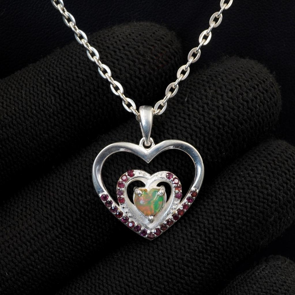 Ethiopian Opal and Garnet Sterling Silver Pendant - Gemstone Jewelry