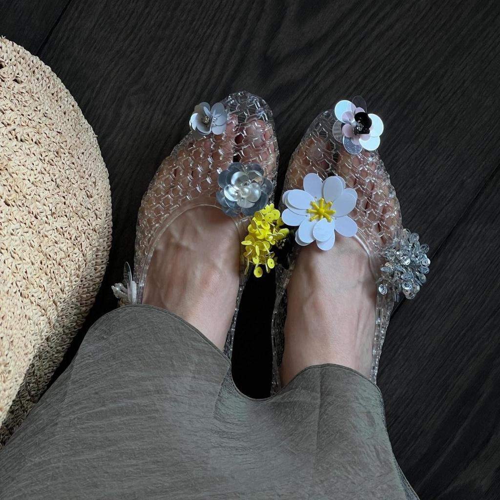 Niche design Korean crystal jelly shoes pointed tip shallow mouth single shoes women's 2025 spring and summer new mesh flat sandals