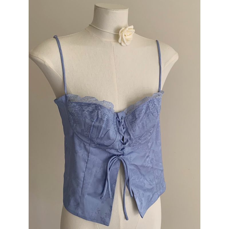 

Аодан а * 1Y Кружевное лоскутное кружево на шнуровке Национальный стиль Глянцевый топ-майка C955 Water Blue XXS