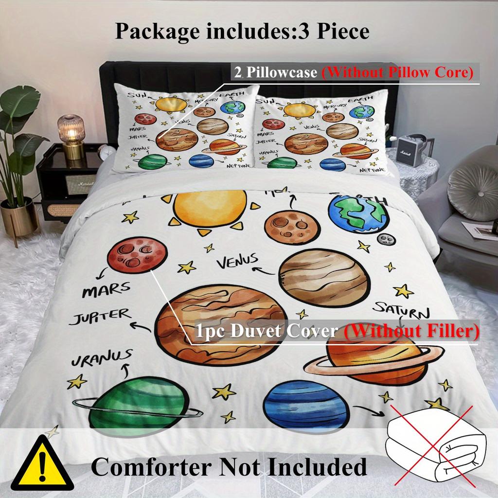 3-Piece Solar System Planets Print Duvet Cover Set - All-Season Polyester Bedding with 1 Comforter Cover and 2 Pillowcases, Mach