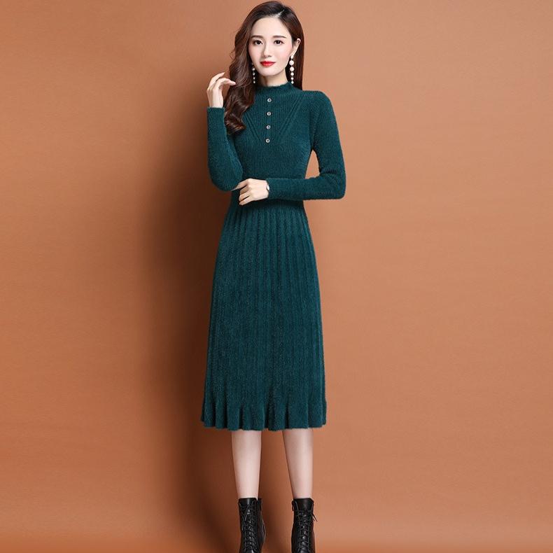 Faux Mink Fur Dress Mid-length Knitted Dress for Women Solid-color Casual Long-sleeved Sweater Autumn and Winter