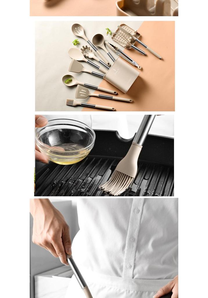 13-Piece Stainless Steel Handle Silicone Kitchen Tools Set - Non-stick Frying Pan, Spatula, Spoon, and More