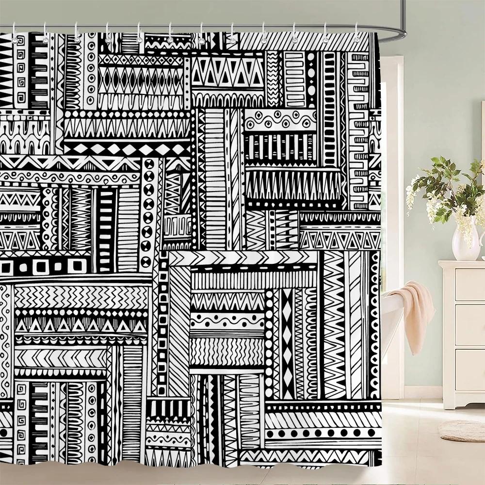 1 Pc Black White Geometric Print Polyester Shower Curtain Waterproof Fabric Partition Bathroom Curtain ,Decoration Bath Curtain