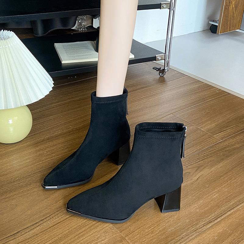 French retro suede short boots women's autumn and winter new thick heel thin Martin boots versatile high heel 
