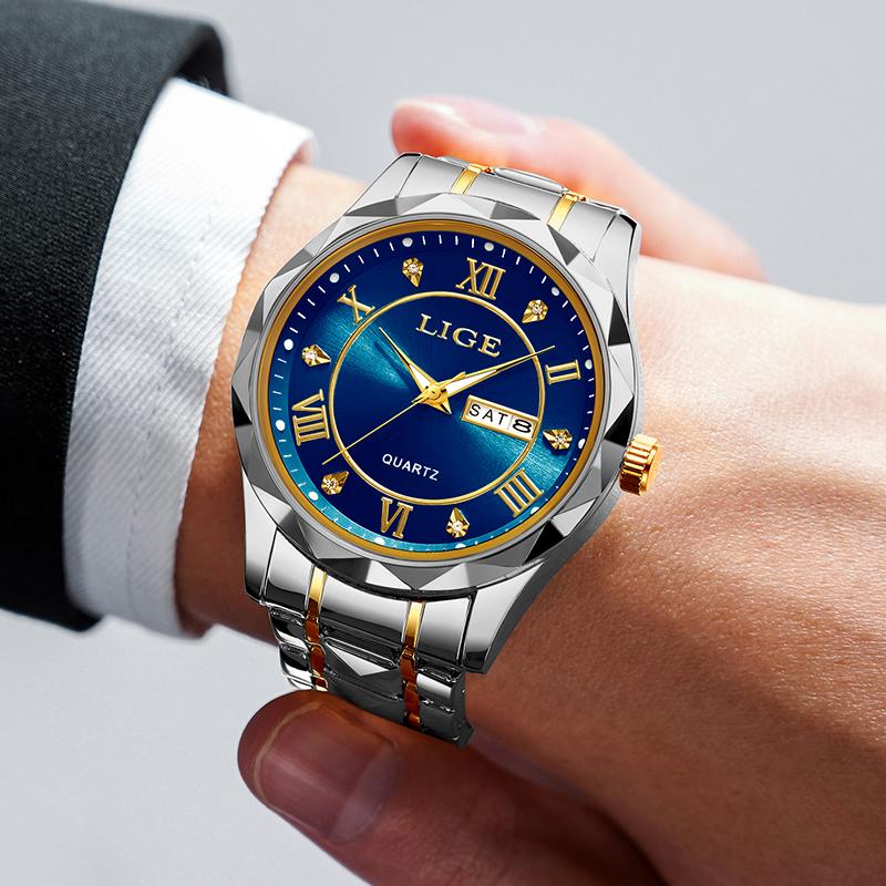LIGE Orologio Da Uomo Lusso 3ATM Impermeabile Cronografo Analogico Quarzo Luminoso Data Blu Quadrante Classico Moda Affari Elegante Acciaio - Foto 13