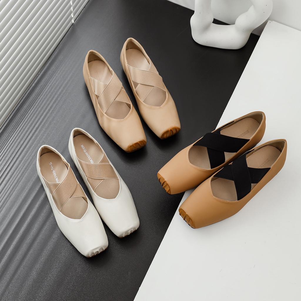 Leather ballet shoes popular 3CM5CM9CM high heel comfortable soft sole shallow mouth single shoes cross-tied Mary Jane shoes