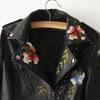 Turn-down Collar Pu Motorcycle Black Punk Outerwear Women Floral Print Embroidery Faux Soft Leather Jacket Coat
