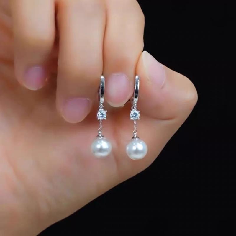 Silver Plated Alloy Pearl Dangle Earrings With Sparkling Cubic Zirconia Gift For Women For Wedding Date Party Daily Wear