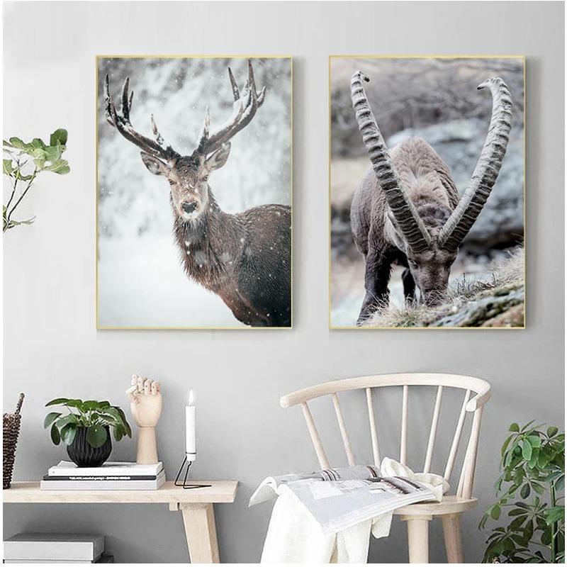Scandinavian Poster and Print Winter Nature Landscape Canvas Painting Beer Deer Animal Wall Art Picture Nordic Style Home Decor