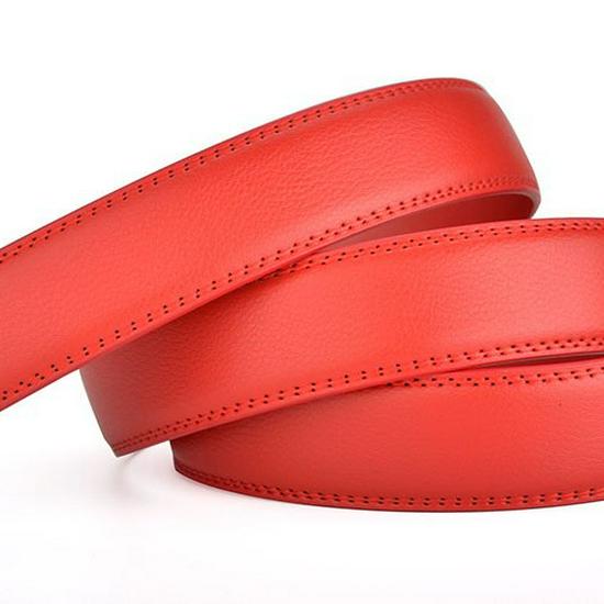 Pánský pásek z pravé kůže, druhá vrstva hověziny, šířka 3,5 cm, bezhlavá automatická přezka, červená/bílá/oranžová.