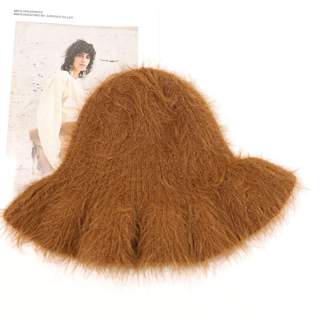 New autumn and winter pulling bucket hat, warm Korean version imitation mink plush hat, thick ear protector basin hat, knitted wool hat